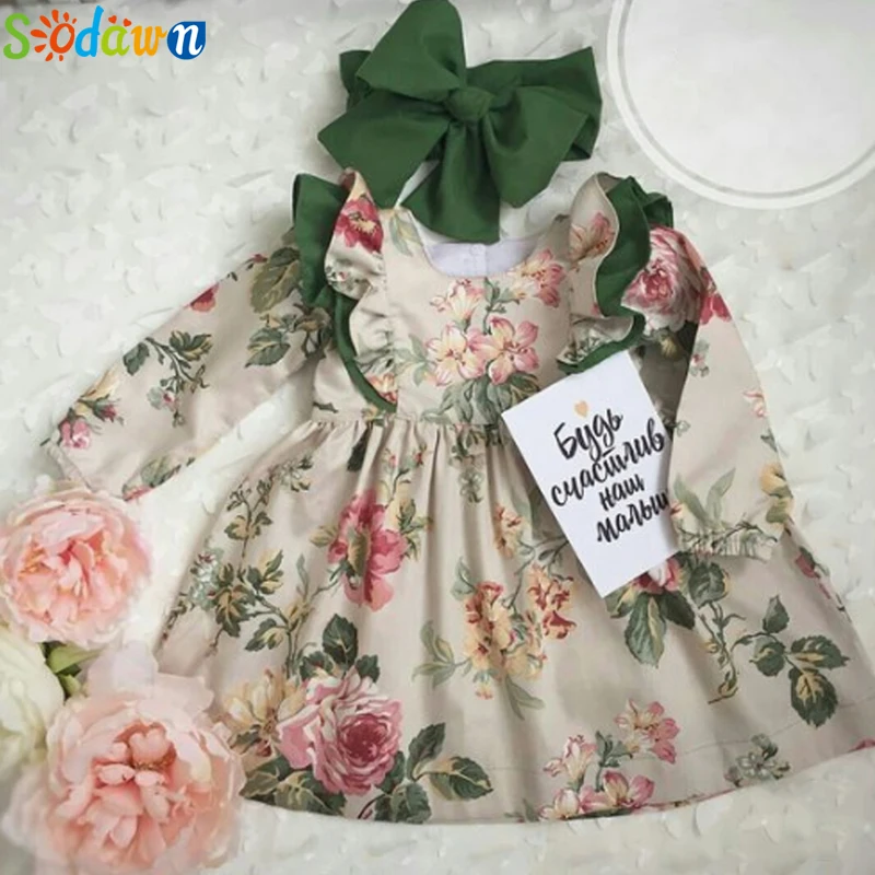 Sodawn/платья для девочек; весенне-Осенняя детская одежда для девочек; новое платье принцессы с длинными рукавами и цветочным принтом; винтажная одежда для маленьких девочек