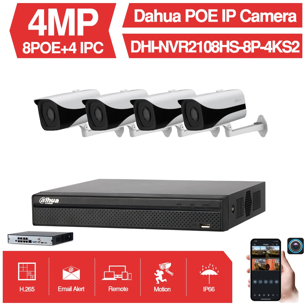 Dahua 4 МП 8+ 4 NVR Камера видеонаблюдения Комплект NVR NVR2108HS-8P-4KS2 камера IPC-HFW4433M-I2 с кронштейном система наблюдения