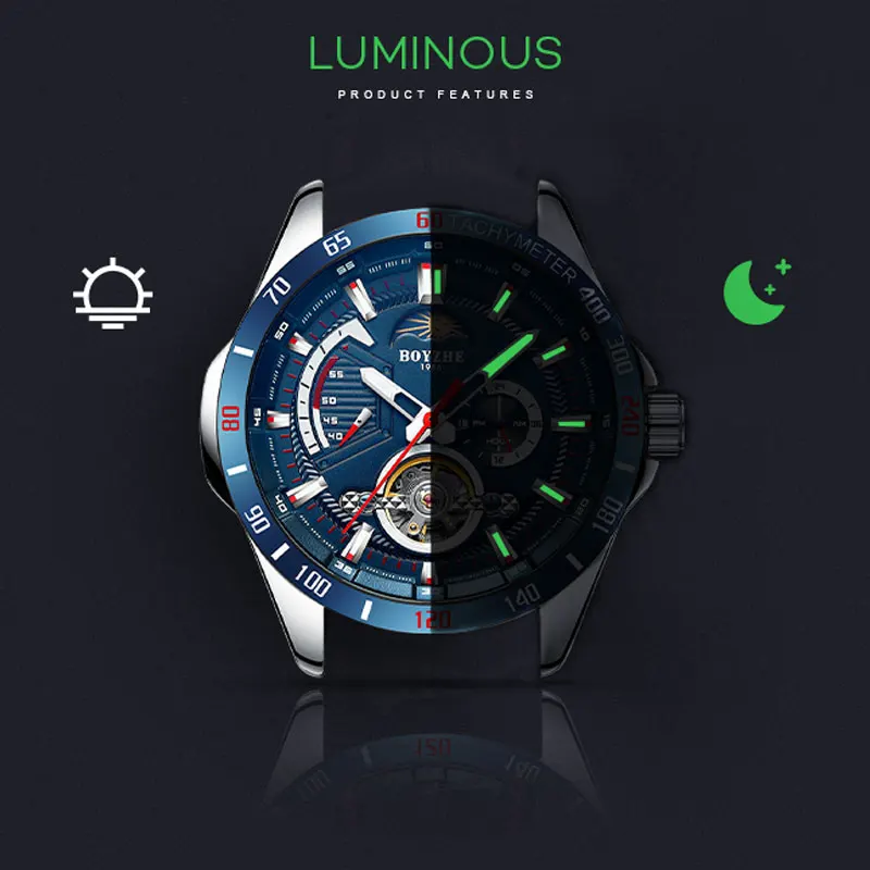 BOYZHE New Tourbillon watch men's business automatic mechanical watch male hollow watches waterproof moon phase luminous clock