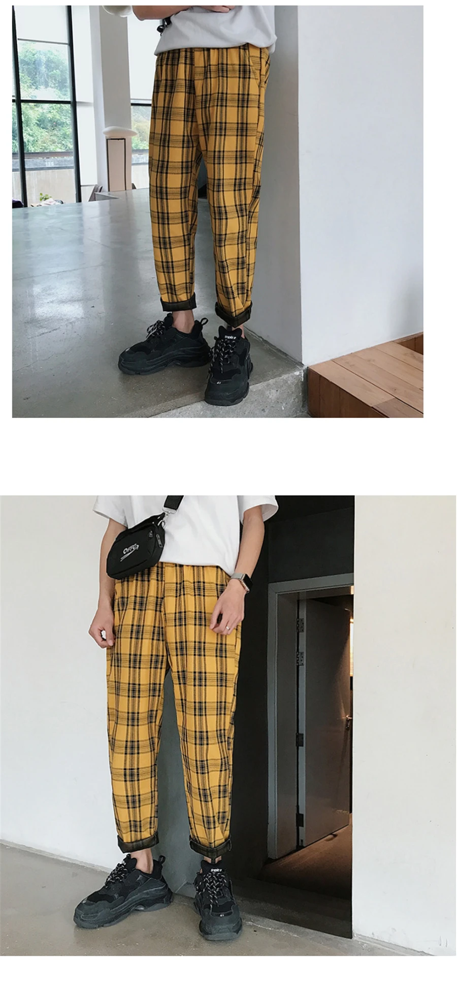 FOJAGANTO Streetwear Black Plaid Pants Men Joggers 2021 Mens Straight Harem Pants Men Korean Hip Hop Trousers Plus Size hippy pants