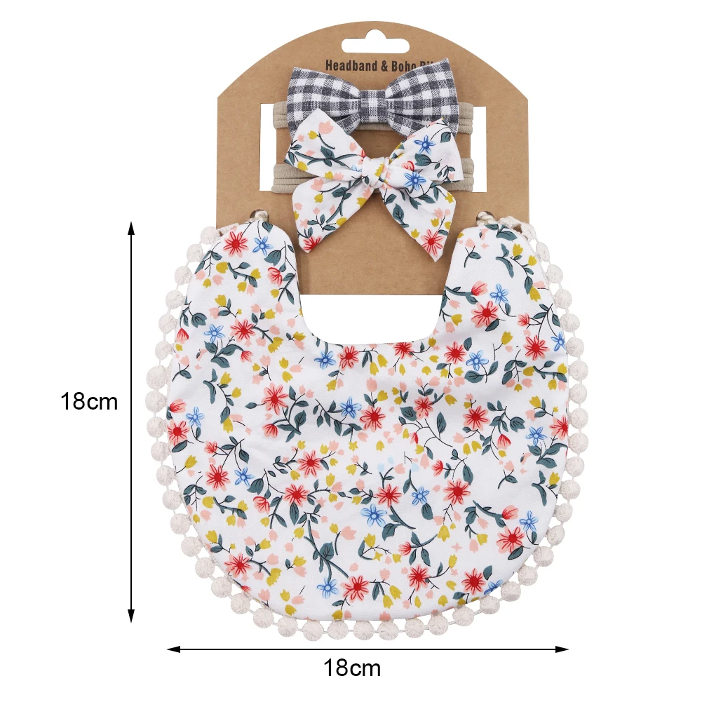 Baby Boys Girls Bibs & Headband Floral PrintS Tassel Dinner Saliva Towel Vintage Double Side Feeding Bibs Kids Hair Accessories