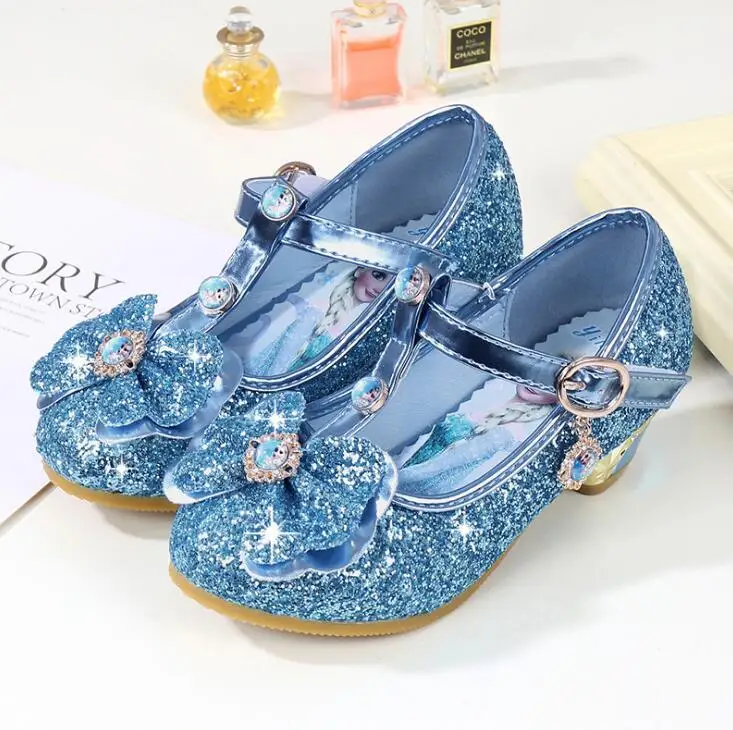 Для девочек вечерние туфли в стиле «Принцесса» кожаные блестящие кристаллы стразы, с бантиком, обувь для детей Эльза тапки носки в подарок на Рождество для детей - Цвет: photo color