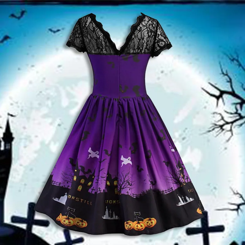 

halloween dress women pumpkin print vintage 2019 fall gothic dresses womens vintage print o-neck black plus size party night
