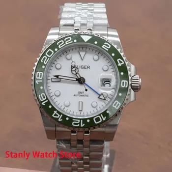 

Luxury Bliger 40mm White Dial Green Ceramic Bezel Sapphire Glass Luminous Marks GMT Function Jubilee-Band Automatic Men's Watch