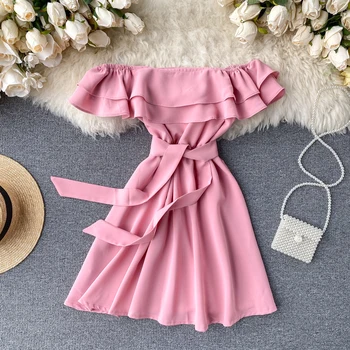 

Spring 2020 Chic Sweet Double Ruffled Holiday Mini Dress Women Sexy Slash Neck Solid Color Vestidos L369
