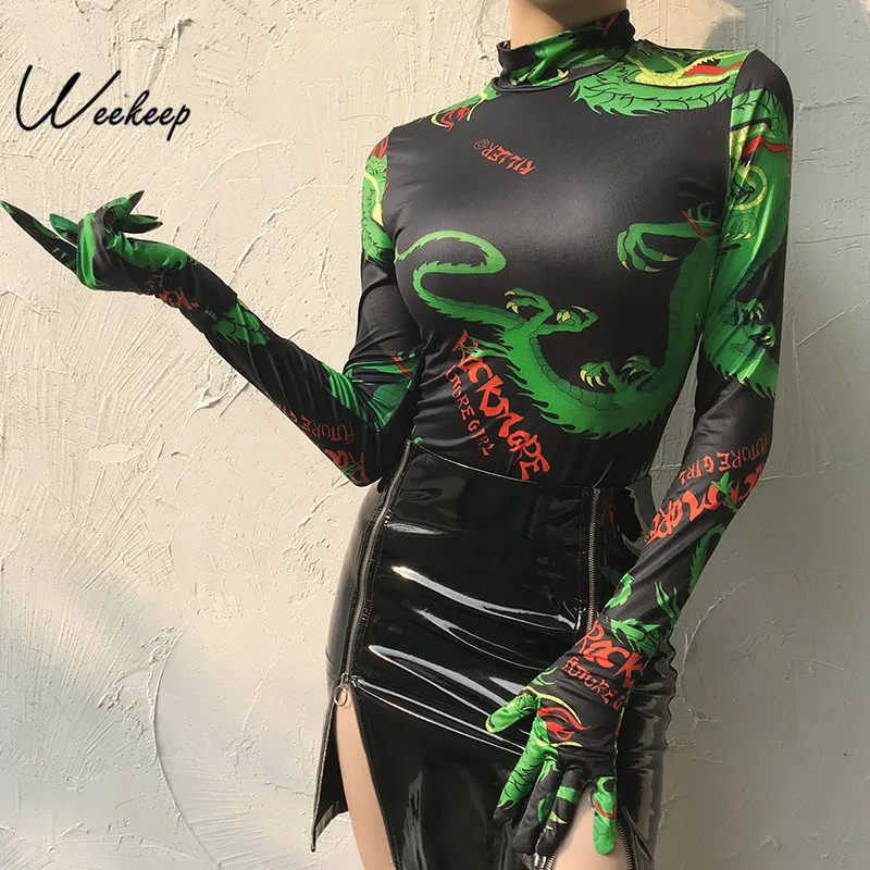 Weekeep Print High Street Bodycon O-neck Bodysuit Women Spring Autumn Body Mujer Romper Bodysuits