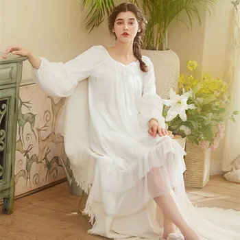 

sm- woman nightgwons mid-calf skirt palace style sweet style vintage-inspired mesh &Lace long sleeve leisure wear at home