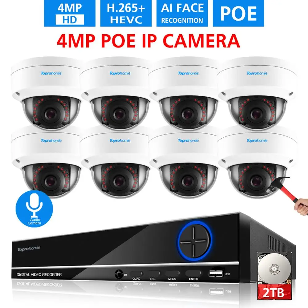 TOPROHOMIE 8CH CCTV H.265 5MP POE NVR 4MP AI Face Vandalproof камера безопасности Система аудио запись