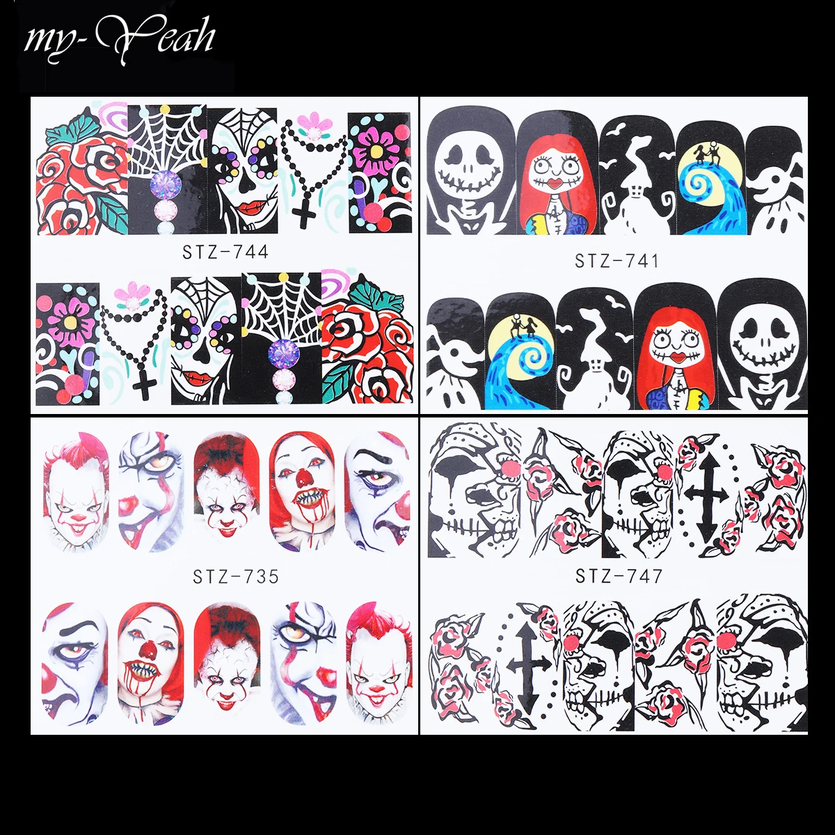 12 Styles Nail Art Skull Bone Joker Pattern Water Transfer Stickers Terror Series Full Cover Watermark DIY Decorations | Красота и