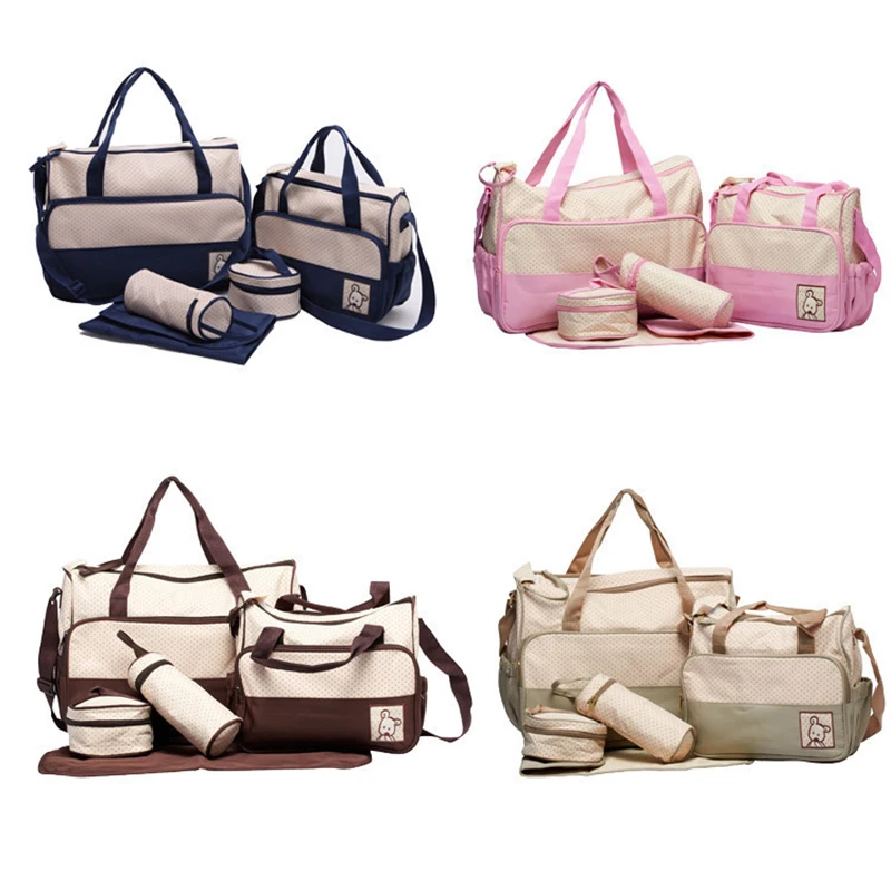 5pcs Baby Diaper Bag Suits For Mom Baby Bottle Holder Mother Mummy Stroller Maternity Multifunction Nappy Bags Sets