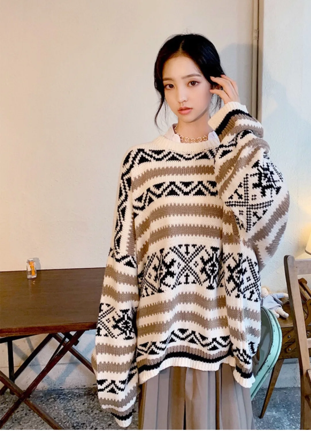 RUGOD pull femme Рождество Круглый вырез свободные длинные геометрические снежинки узор Мода femme Винтаж свитер пуловер корейский вязаный