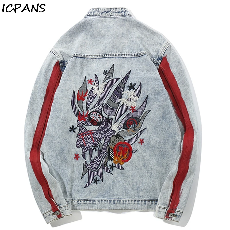 

ICPANS Hip Hop Men Vintage Washed Denim Jacket Harajuku Embroidery Dragon Jacket Streetwear 2019 Autumn Winter Denim Jackets