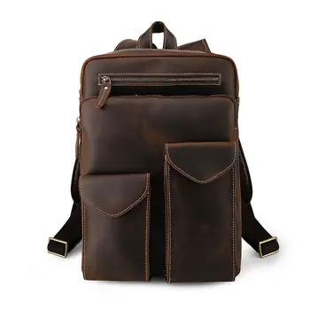 

Tiding Thick Handmade Leather Men's Large-capacity Backpack Leisure Travel Bag Retro European and American style Dark Brown 3584