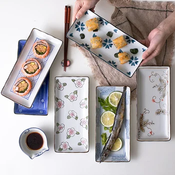 

9.7 inch Japanese Sushi Plate Ceramic Dinner Plate Flower Fruit Dinnerware Rectangle Dinner Dishes Household Plate