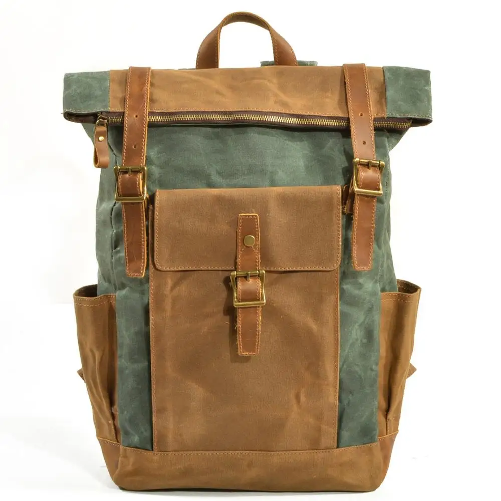 Waxed Canvas Shoulder Backpack European and American Travel Bag Large
