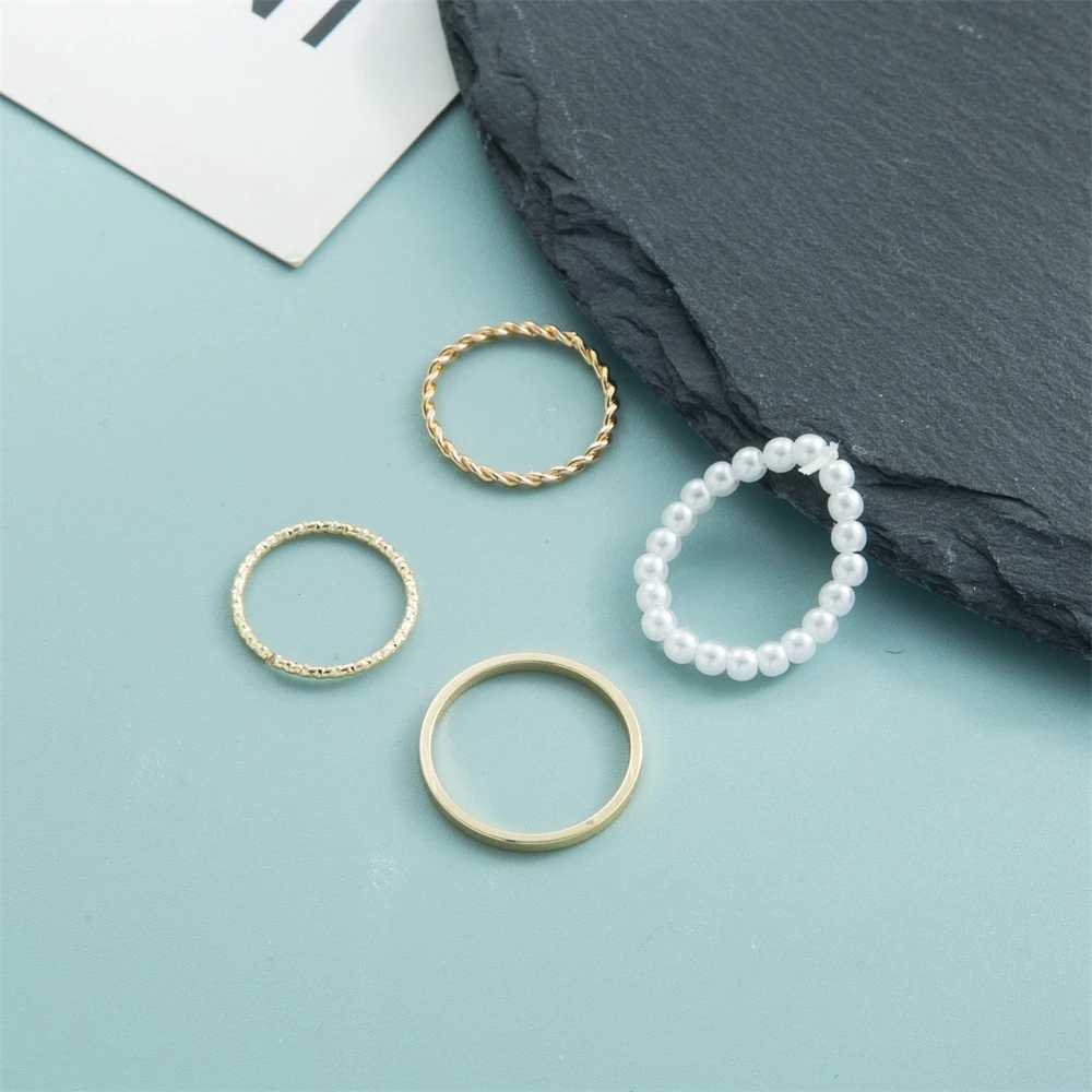 VKME 4Pcs Bohemian Pearl Gold Color Rings Set For Women Girl Fashion Boho Simple Ring Party Trend Jewelry Gift