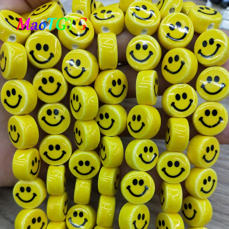 16mm Yellow Smile Face Ceramic Beads For Jewelry Making Bracelet Necklace Smily Loose Spacer Ceramic Bead Accessories Wholesale