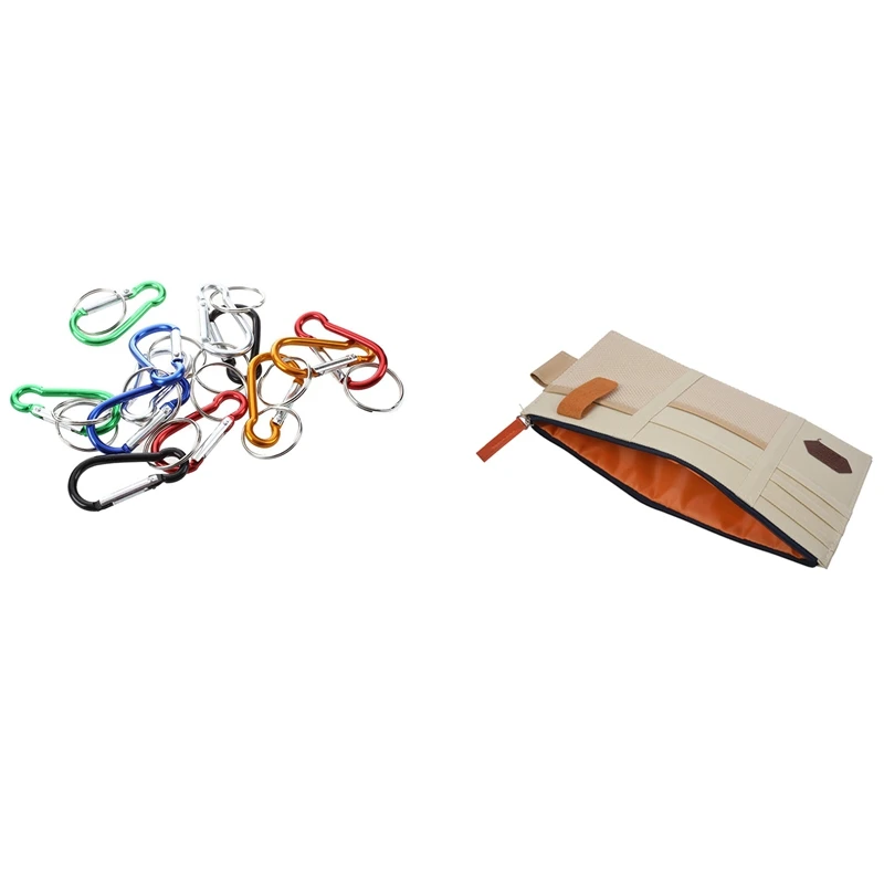 12 Pcs Assorted Color Aluminum Carabiner Key Ring Holder &amp 1x Car Sun Visor Point Pocket Documents Organizer Pouch |