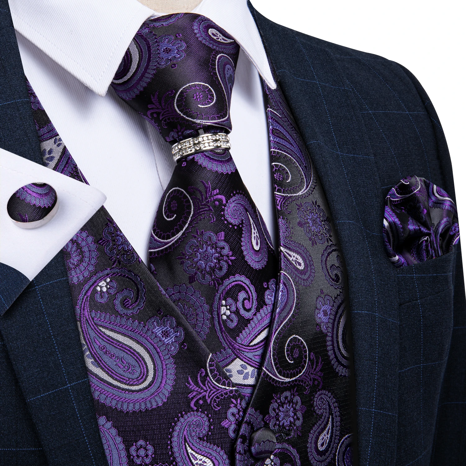 DQT Woven Greek Key Patterned Cadbury Purple Formal Mens Wedding Waistcoat S-5XL 