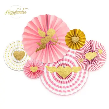 

NICROLANDEE 6 pcs/set Pink Gold Valentine's Day Cupid Love Heart Shape DIY Paper Fans Kit Party Supplies 22