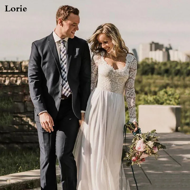 Best Price LORIE Boho Trouwjurk Lange Mouwen Robe de mariee Vintage Lace Sweetheart Bridal Jurk 2020 Chiffon Bruidsjurken