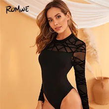 ROMWE Geo Mesh Yoke Trim Black Bodysuit Long Sleeve Jumpsuit Women Bodycon Elegant Bodysuit Woman Spring Mesh Sexy Bodysuit ROMWE Geo Mesh Yoke Trim Black Bodysuit Long Sleeve Jumpsuit Women Bodycon Elegant Bodysuit Woman Spring Mesh Sexy Bodysuit