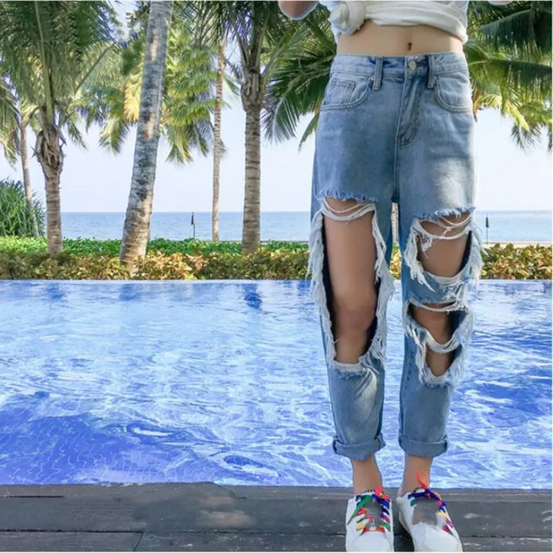 

Plus Size Women Boyfriend Hole Ripped Jeans Loose Cool Denim Vintage Straight Jeans Girl Mid Waist Casual Female Trousers