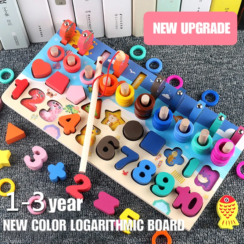 

Children's Montessori Wooden Digital Toy Log Board Baby Puzzle Digital Color Shape Fishing Ferrule Game Puzzle Toy Gift