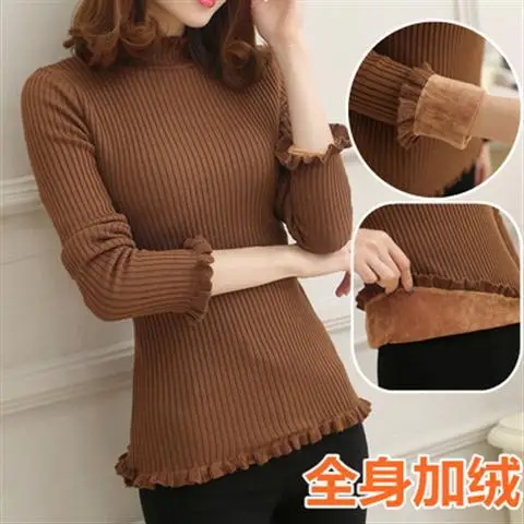

Velvet thickened sweater women's autumn and winter new mid-collar slim short versatile semi-high collar warm clothing sweater