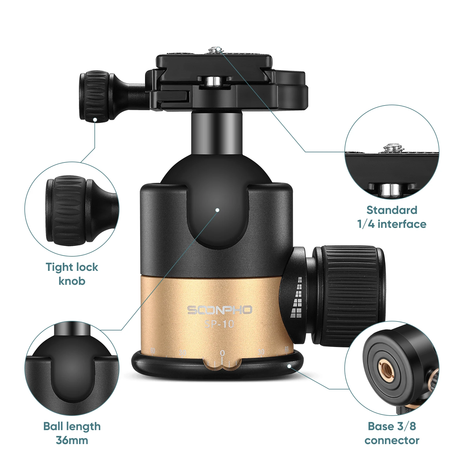Soonpho Ball Head for Tripod Rotating Head 360-degree Panoramic 1/4 to 3/8 Screw Tripod Adapters Professional Camera Tripe