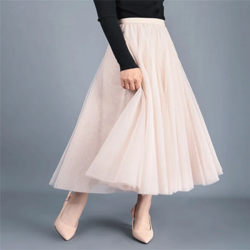 US Women Mesh Solid Color Skirts High Waist Lace Mesh Tulle Floral Long Skirt Ladies Layered Long Skirts
