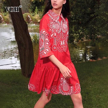 

VGH Embroidery Hit Color Dress Women Lapel Collar Half Sleeve High Waist Ruched Irregular Hem Dresses Female Fashion New Clothes