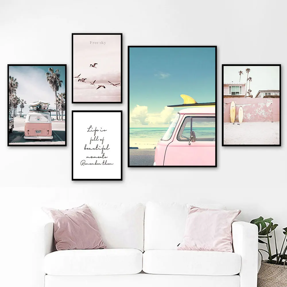 Пейзаж в скандинавском стиле, принт на холсте, пляж, Розовый автобус, плакат, природное дорожное искусство, печать на стену, Чайка, живопись, скандинавский Декор для дома
