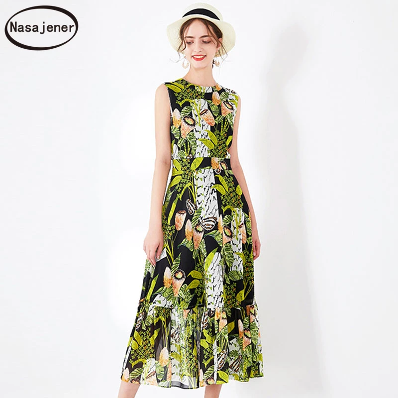 

Spring And Summer 2020 New Fashion Elegant Retro Print High Waist Big Swing Ruffled SleevelessTemperament Female Midi Dress