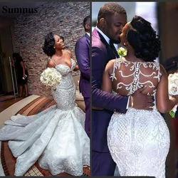 Sunmus Beaded Mermaid Wedding Dress Sexy Backless Plus Size Crystals Beach Bridal Gown Custom Made Boho