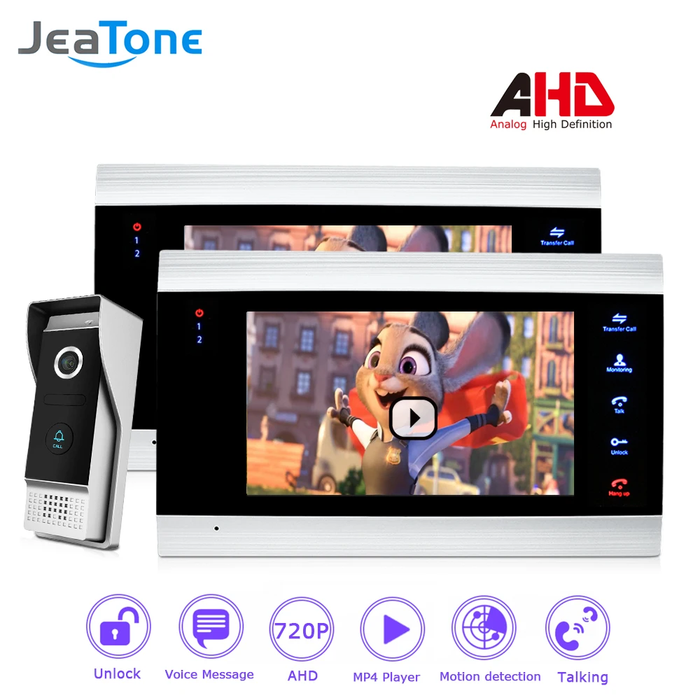 720P/AHD 4 Wired 7'' Video Door Phone Intercom Door Bell Security System Voice message/Motion Detection/MP4 Player 2 Monitors