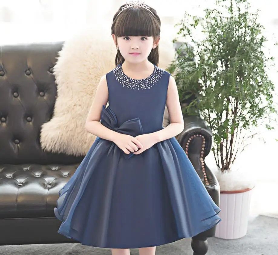 Элегантное Королевское синее Тюлевое платье с цветочным узором для девочек; детское праздничное вечернее платье; платье принцессы с бисером для дня рождения; одежда для причастия на свадьбу