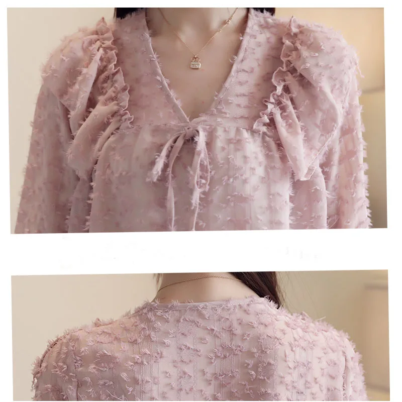 Blusas mujer de moda, женские топы, шифоновая блузка, розовые рубашки, Женские топы и блузки с бантом, одноцветная, v-образный вырез, рукав-клеш, 5755 50