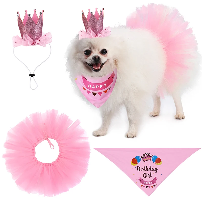 Dog Party Supplies Pet Tutu Skirt Bandana and Crown Pet Birthday Costume Skirt with Crown Headband