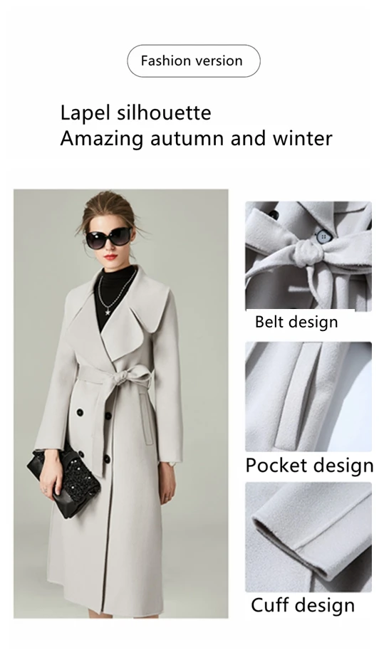 Женское Новое Стильное длинное тонкое шерстяное пальто, женская двухсторонняя высококачественная одежда, модное женское кашемировое пальто выше колена ручной работы