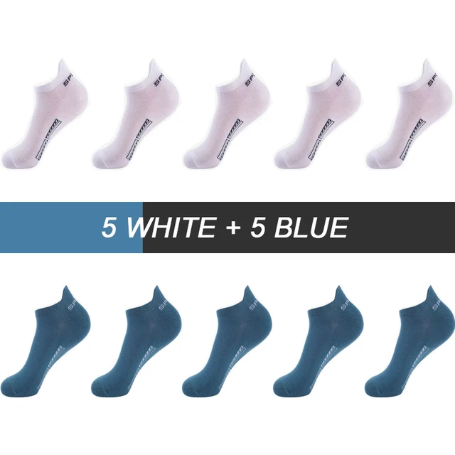 10Pairs High Quality Men Ankle Socks Breathable Cotton Sports Socks Mesh Casual Athletic Summer Thin Cut Short Sokken Size 38-44 5 White 5 Blue