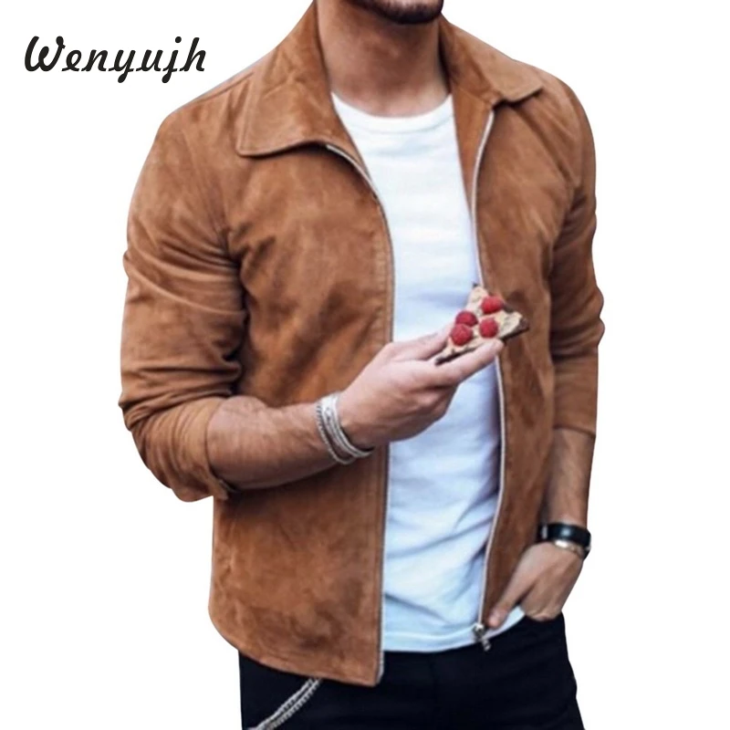 

Wenyujh Men's Suede Leather Jacket Autumn Winter Male Slim Fit Biker Motorcycle Handsome Jacket Coat Outwear Trendy Streetwear