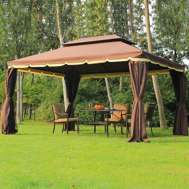 Tente de gazébo extérieure avec cadre en acier, tente de fête modifiée,  gazébo avec toit à deux niveaux, piquets de sol inclus, beige, 12 po x 12  po - AliExpress