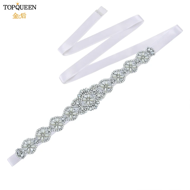 TOPQUEEN S161 Bridal Belts Wedding Women Jewelry Silver Rhinestone Pearl Crystal for Sparkly Party Formal Dress Diamond Sash White Ribbon