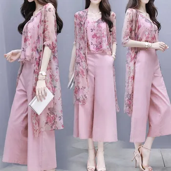 

women's summer chiffon floral tops long cardigan + wide-leg pants trousers casual fashion suit women plus size