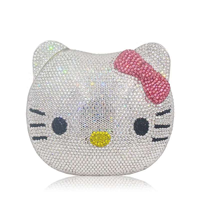 Chaliwini Hello Kittty Women Crystal Evening Bags Hard Case Hand Made Diamond Minaudiere Handbags Animial Clutch Purses