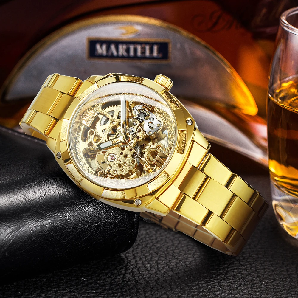 Forsining Transparent Skeleton Gold Watch for Men Mechanical Wristwatches Vintage Engraved Automatic Watches Mens Steel