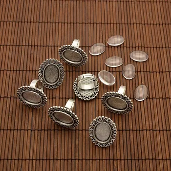 

10 Sets Oval Transparent Glass Cabochons and Iron Flower Finger Ring Components