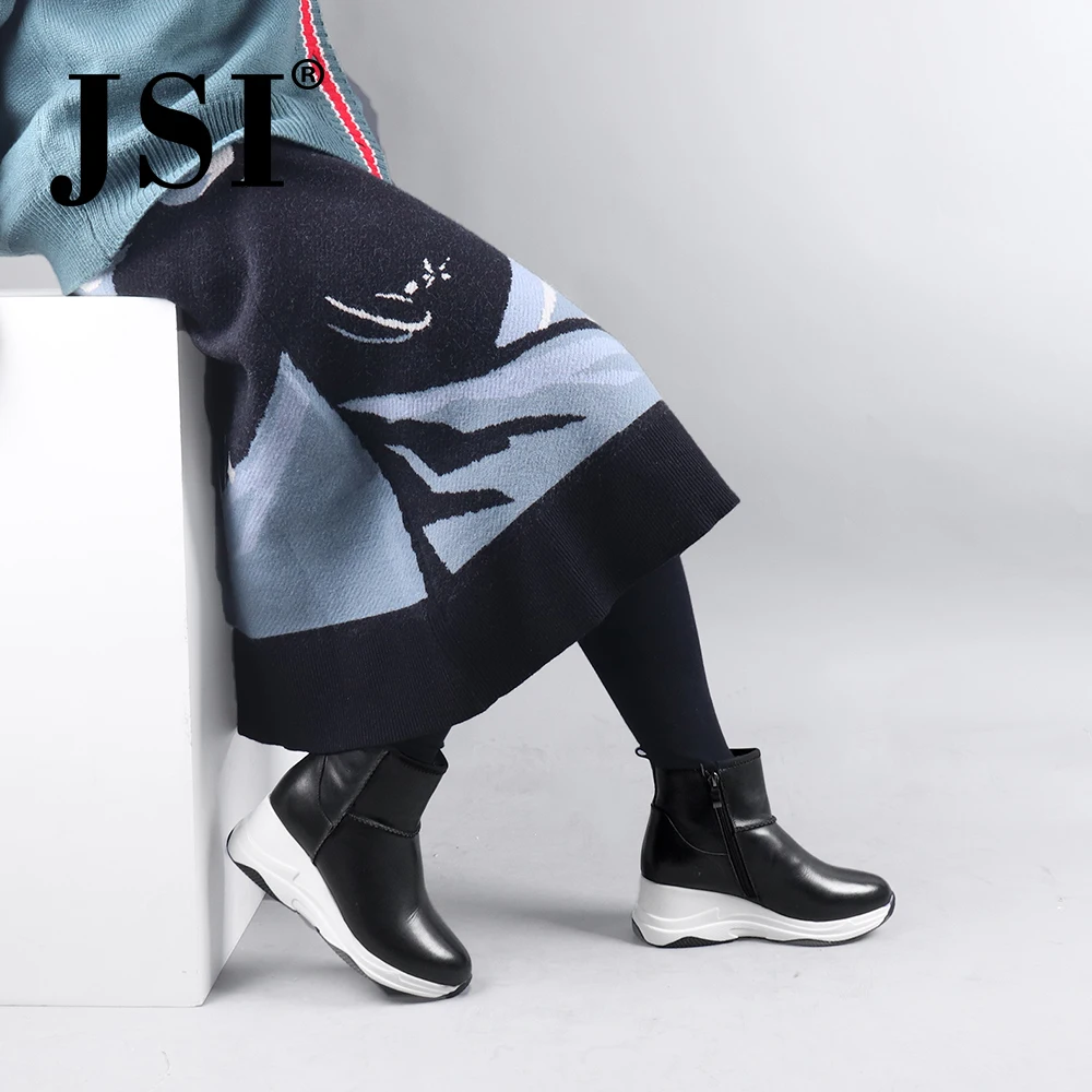 

JSI New Style Winter Genuine Leather Ankle Boots Round Toe Wedge Heel Zipper Ladies Shoes CQ01