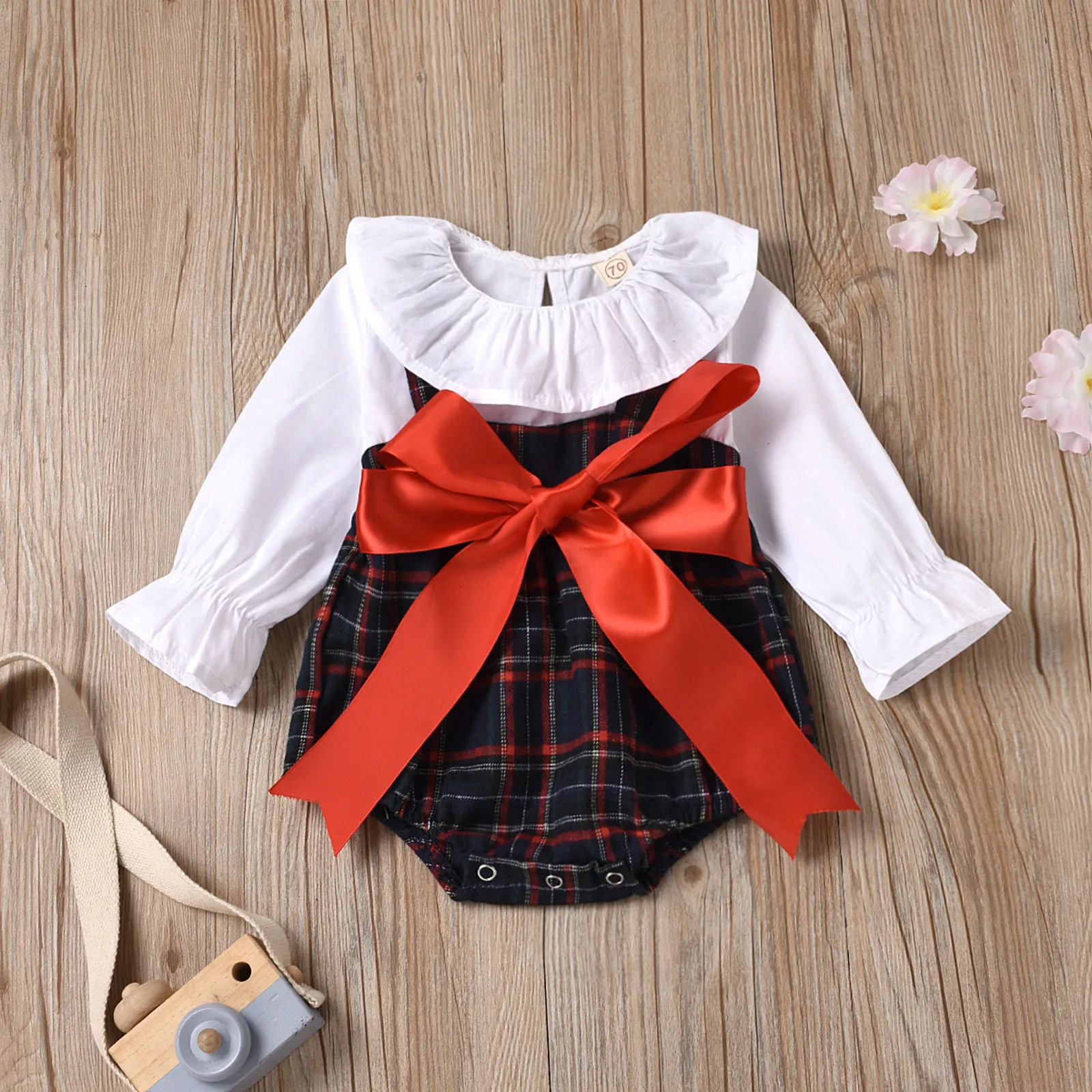

0-24Months Doll collar dress romper Newborn Infant Baby Girl Long Sleeve Patchwork Plaid Bowknot Romper Bodysuit navidad bebe M4